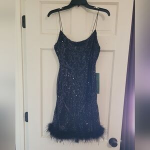 B.smart Black Mini Dress with Feather Trim Size M